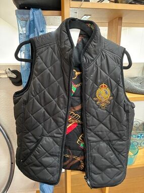 Ralph Lauren Black Quilted Vest with Gold & Purple Crest reversible medium